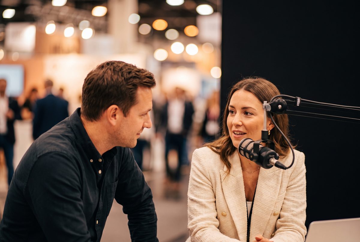 Entrevista en vivo en el set de podcast dentro de un stand de feria, con público de fondo